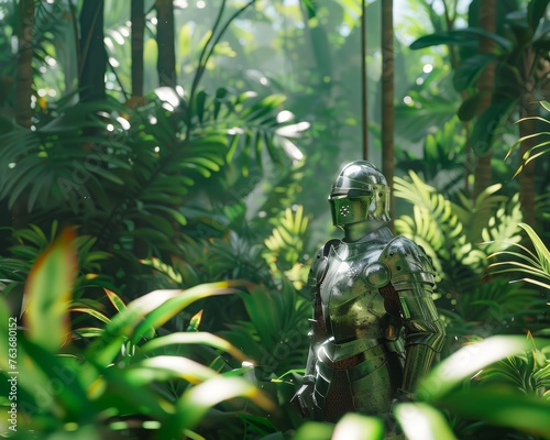 An incredibly detailed AI-generated image of a soldier in aluminum armor set in a dense