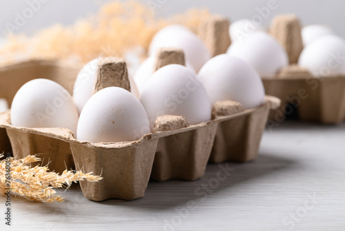Organic white leghorn egg from free range farm in paper tray