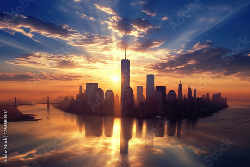 Sunset view of Manhattan skyline at New York City during evening AI Generative