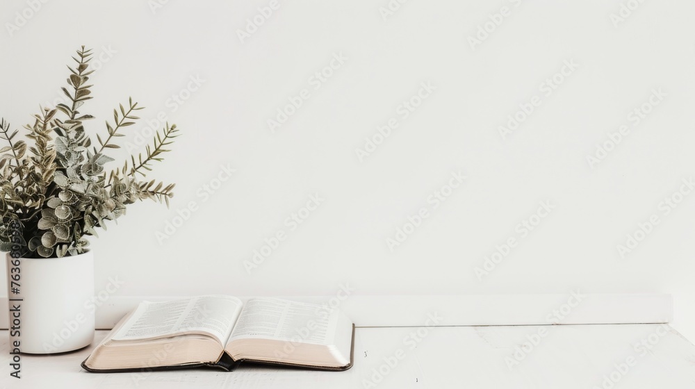 Minimalist white room featuring a lineup of Holy Bibles simplicity in spiritual power - obrazy, fototapety, plakaty 