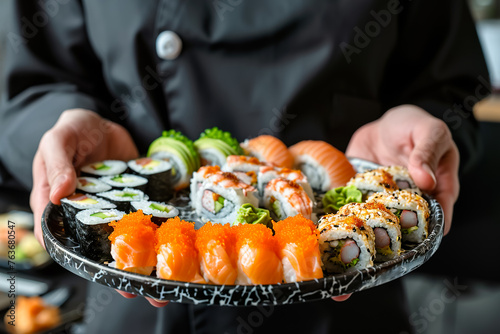 A person is holding a tray of sushi