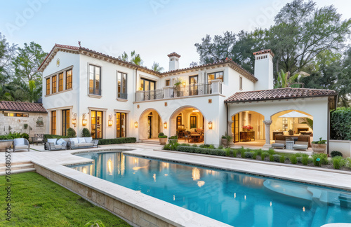 A large, white Spanish-style home with an elegant swimming pool and outdoor living space in the background