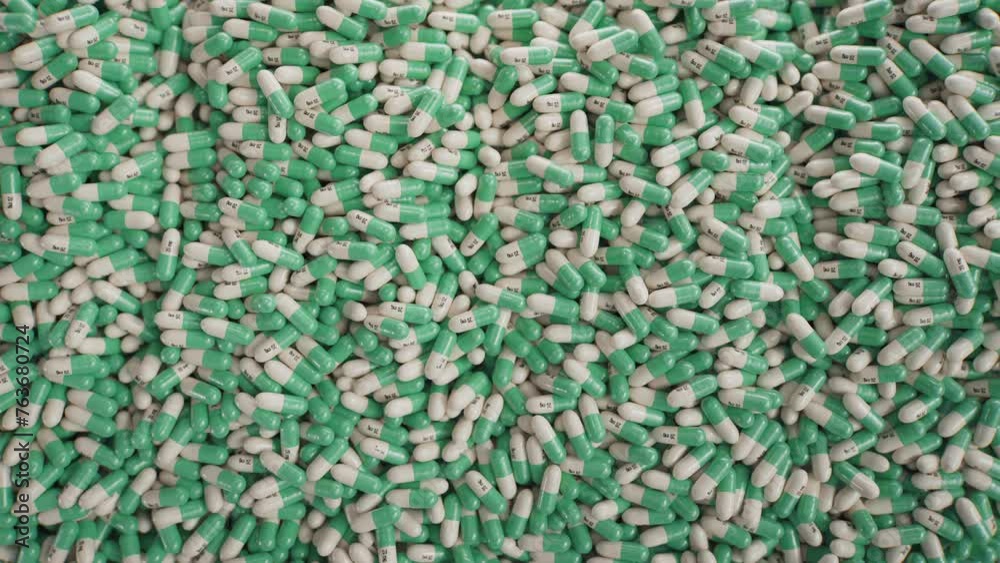 A mass of green-white SSRI antidepressant capsules rolling across the table. A mass of green-white SSRI antidepressant capsules rolling across the table.