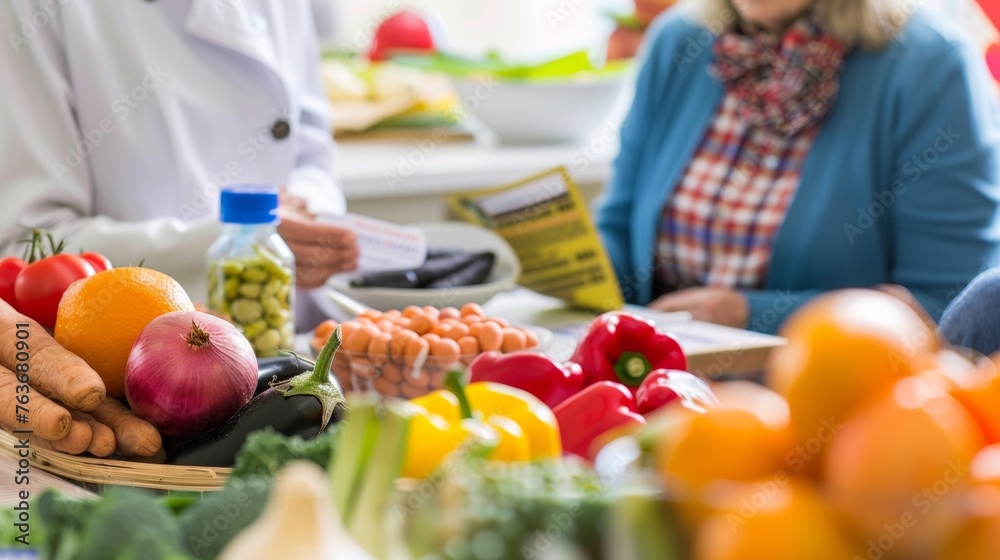 A patient with gout receives education from a nutritionist on how to modify their diet to manage their symptoms. Brightly colored food models and labels on a nearby table - obrazy, fototapety, plakaty 