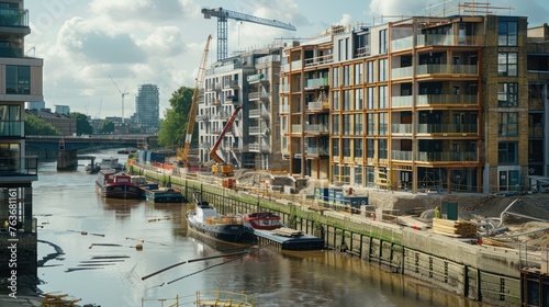 Apartments along a river, with mini construction boats and barges showing the development 