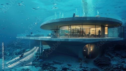 Beneath the surface of a clear, blue sea, construction divers are working on an underwater restaurant, 
