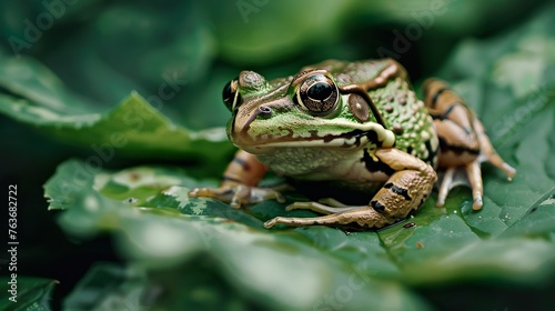 A frog resting on the leaf in nature