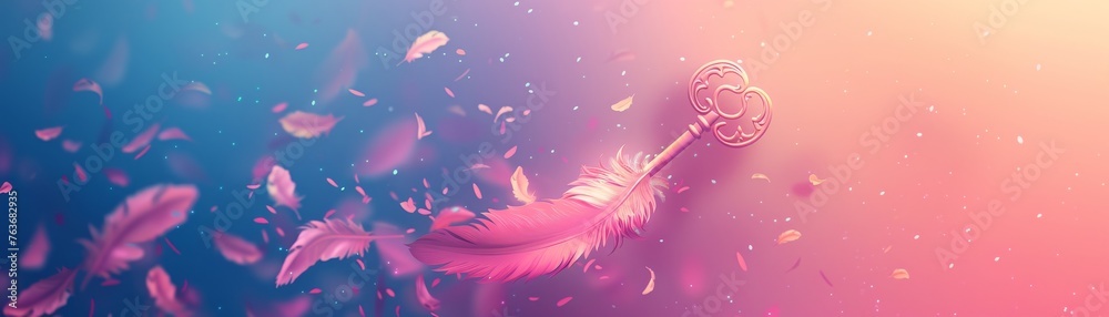 Magical Quill with Intricate Key Design Amidst Whirling Petals on Gradient Backdrop
Magical Quill with Intricate Key Design Amidst Whirling Petals on Gradient Backdrop