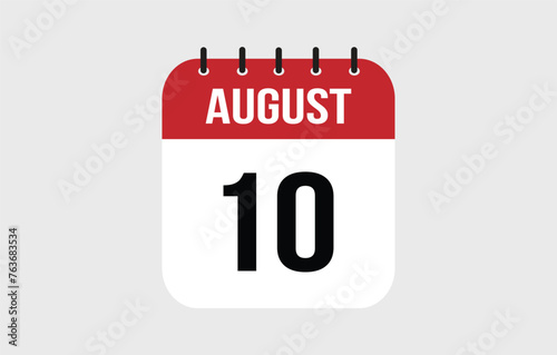 10 August Calendar. August Calendar Vector Illustration.