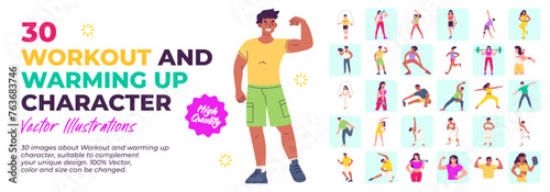 Character Illustration. Mega Set. Collestion scenes of people doing workout, exercise, fitness, warming up activity. Vector Illustration