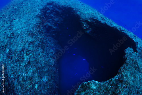 Above Guam's Blue Hole dive site looking down through it into the very deep waters of the Marianas Trench