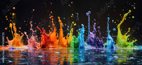 Colorful paint splashes on black background. High-speed photography art. photo