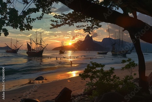 Portuguese Armada Emerges from the Sunset Horizon, Marking the Arrival of 1500s Ships