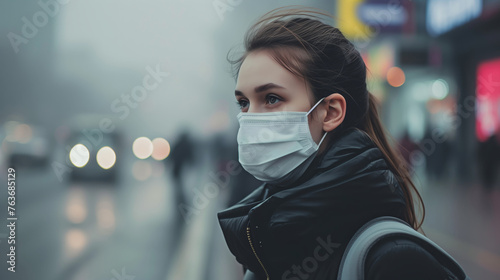 A woman wearing a mask is standing on a street with cars and a smoggy sky, Air pollution PM 2.5