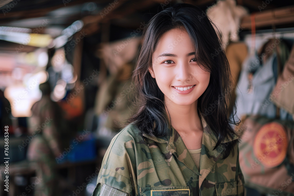 Malay woman army soldier smiling in Universal Camouflage Uniform