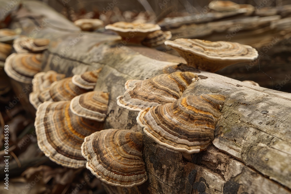 Captivating Close-Up of Turkey Tail Tree Fungus Growing on Rotted Wood