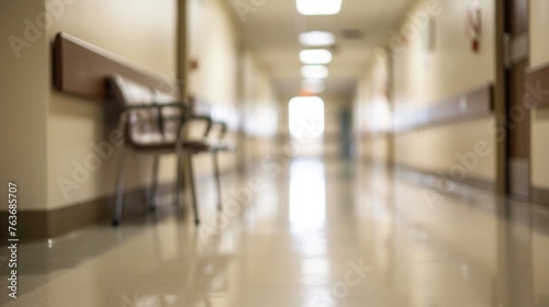 Hospital hallway with soft lighting. Calm, blurry hospital scene, evoking tranquility in medical setting.