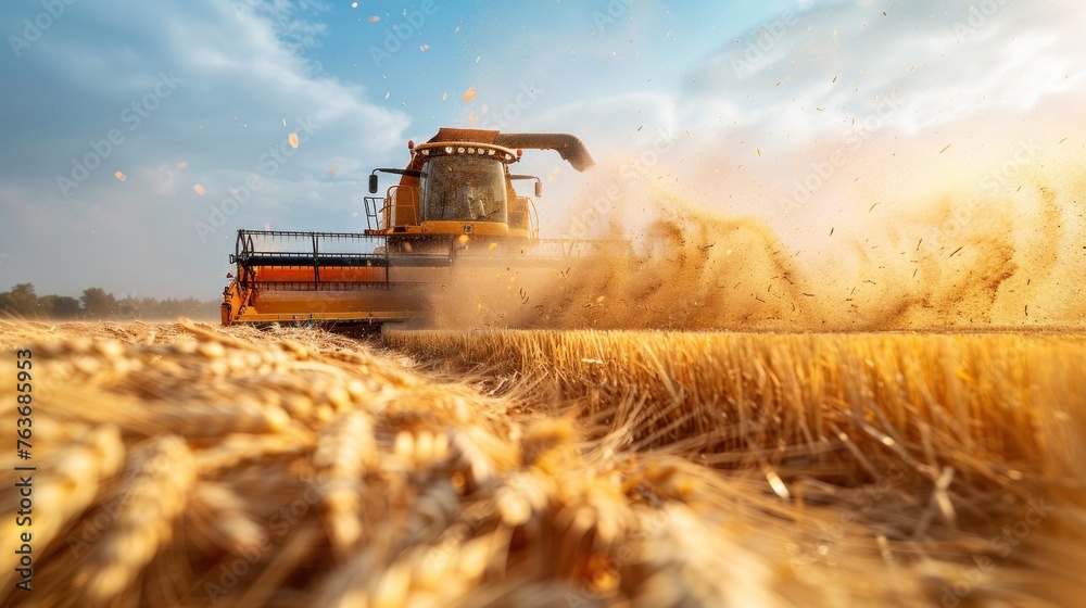 Obraz premium Vibrant Harvester. Action shot of a combine harvester amidst golden wheat fields during harvest.