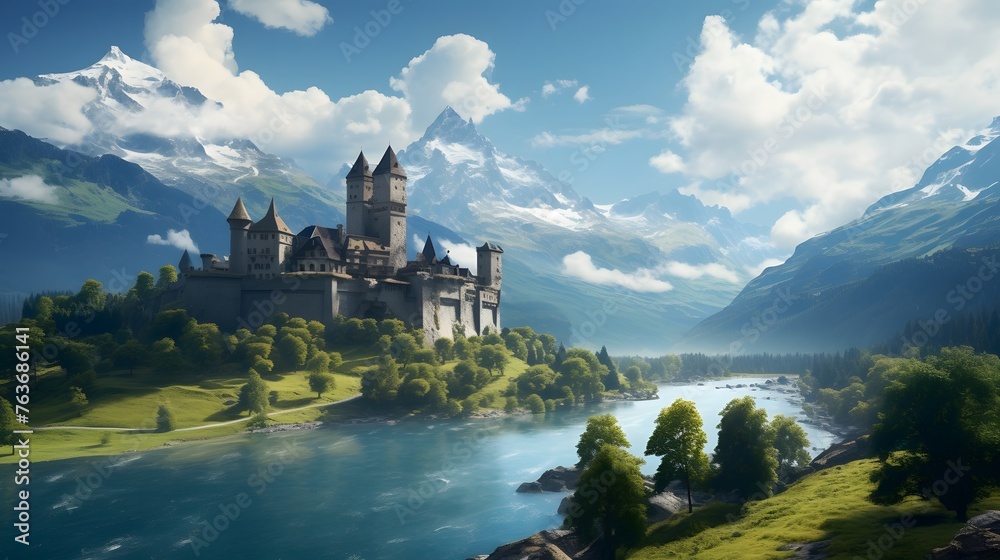A breathtaking view of a medieval castle nestled amidst the towering ...
