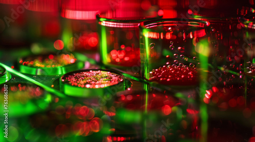 A microscopes lens captures cells being deposited layer by layer onto a bioengineered scaffold. The colors of the cells in focus range from deep red to bright green.