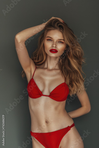 Beautiful woman in red tight bikini posing on gray background © Kien