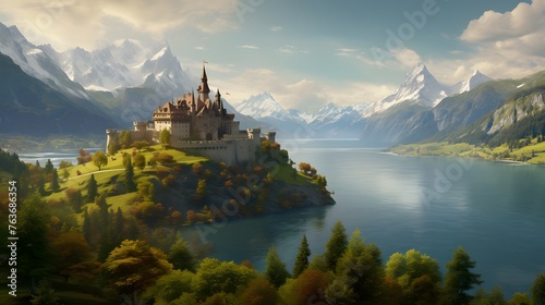 A castle nestled amidst the tranquil beauty of the Swiss Alps, its ivy-covered walls and towering spires bathed in the warm glow of the morning sun, a timeless symbol of grace and elegance.