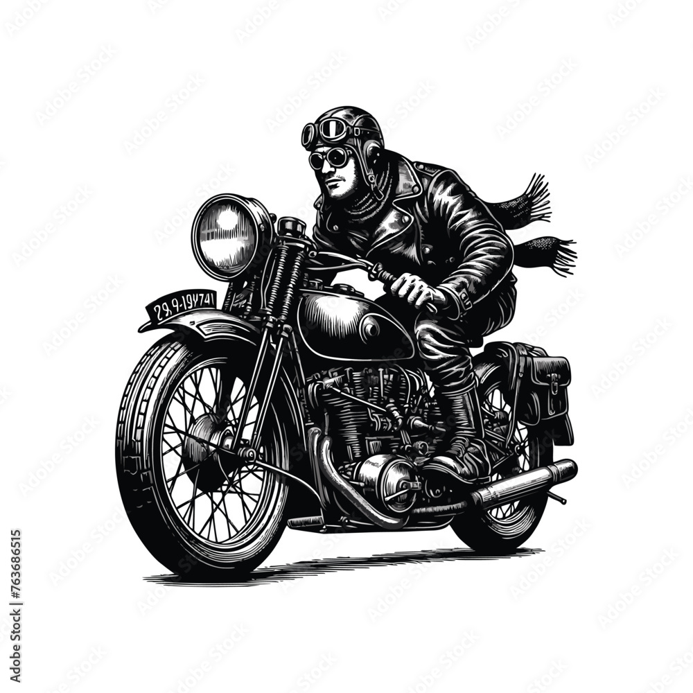 A man on motorcycle with old engraving vector style A man on motorcycle with old engraving vector style