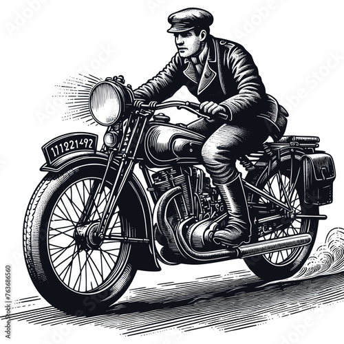  A man on motorcycle with old engraving vector style