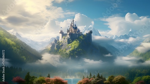 A fairytale castle nestled amidst the serene beauty of the Alpine landscape, its spires reaching towards the heavens as if touching the very clouds, a symbol of grandeur and romance.