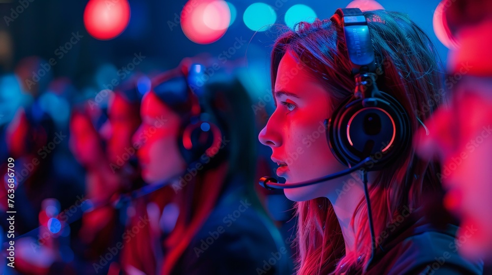 Volunteers with headsets, organizing charity telethon