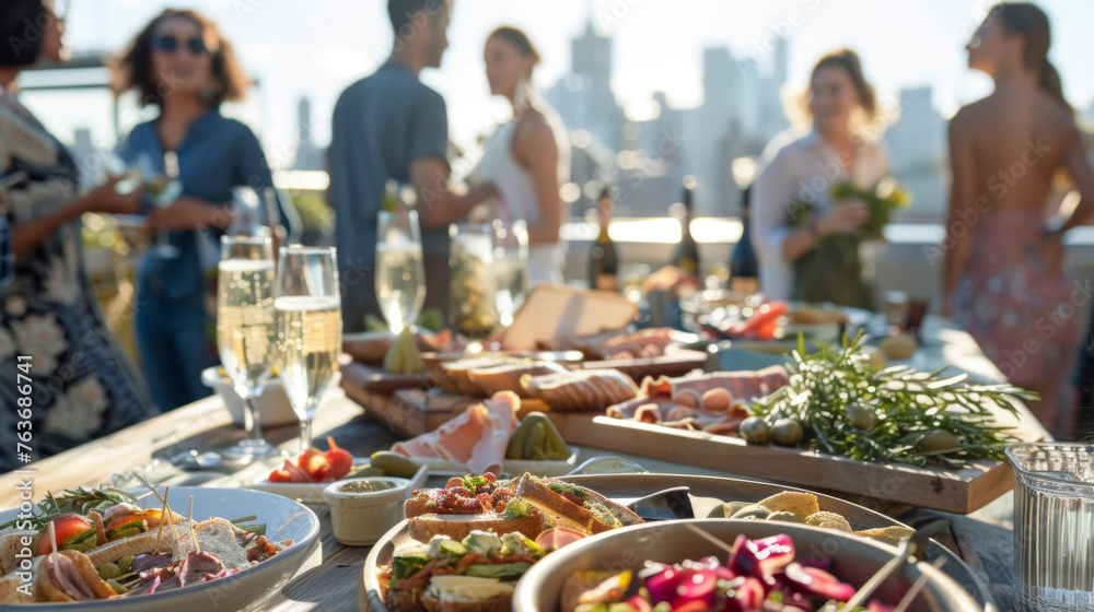 A group gathers on a rooftop overlooking the city savoring a spread of gourmet sandwiches antipasto and bubbly champagne.