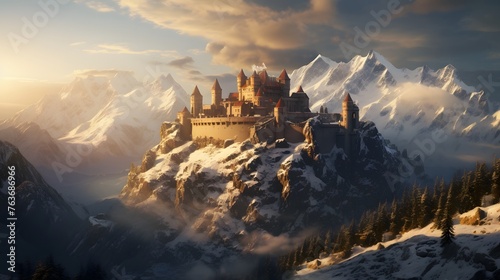 A majestic medieval castle perched atop a rugged alpine peak, its stone walls bathed in golden sunlight against the backdrop of snow-capped mountains.