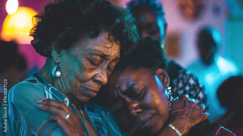 Elderly woman comforting adult daughter at family gathering, showcasing intergenerational support and empathy within home environment. Emotional support and family bonds. Elderly woman comforting adult daughter at family gathering, showcasing intergenerational support and empathy within home environment. Emotional support and family bonds.