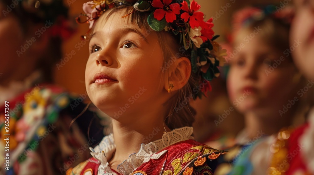 Young girl in traditional folk costume participating in cultural festival. Authentic ethnic celebration and education. Young girl in traditional folk costume participating in cultural festival. Authentic ethnic celebration and education.