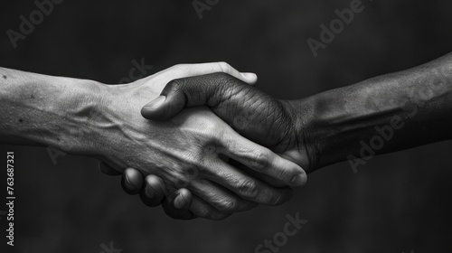 Interracial handshake depicting unity and partnership with focus on diversity and inclusion. Diversity and inclusion.