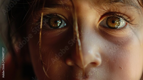 Close-up portrait of young girl with striking heterochromia, showcasing unique beauty of different colored eyes. Human diversity and genetics.