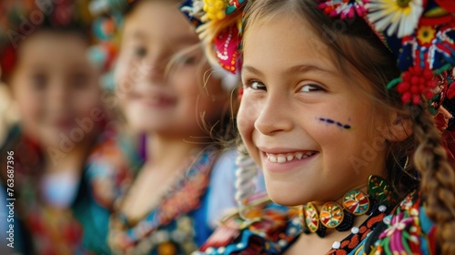 Smiling young girl in traditional Ukrainian costume participates in folk festival. Cultural heritage and national identity.