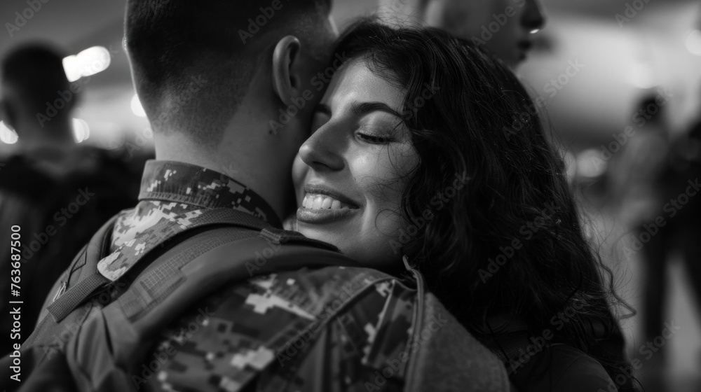 Emotional reunion as military man returns home and hugs smiling woman, capturing loving and supportive relationship. Homecoming and military family life.