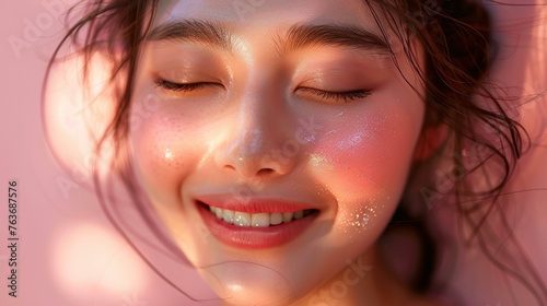 Luminous skin on a happy Asian face, beauty in simplicity