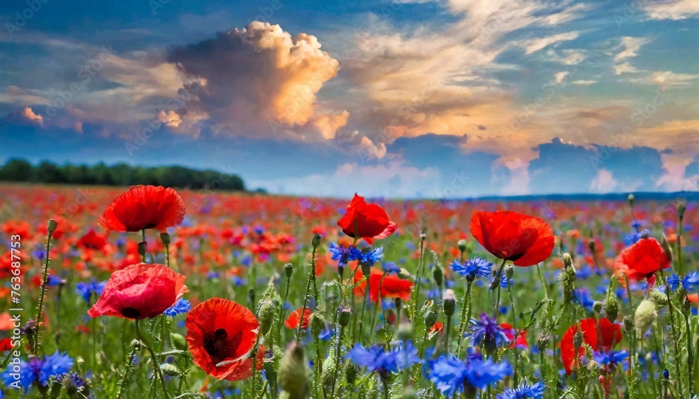 Fototapeta premium summer field with poppies and cornflower