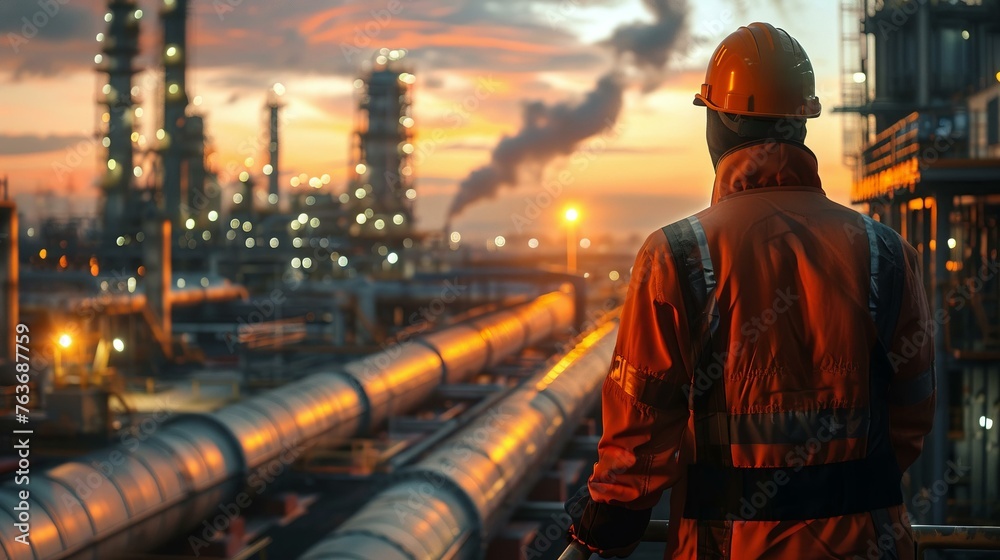 Industrial zone's watchful engineer, back against a pipeline vista Industrial zone's watchful engineer, back against a pipeline vista