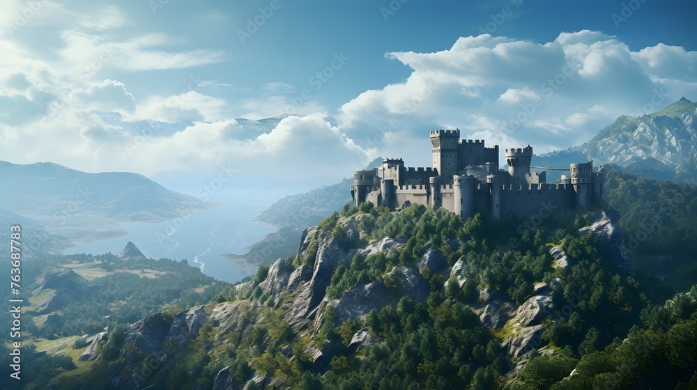 A medieval stronghold perched atop a craggy peak, its ancient walls and towers standing proud against the backdrop of a clear blue sky, offering a glimpse into a bygone era of chivalry and valor.