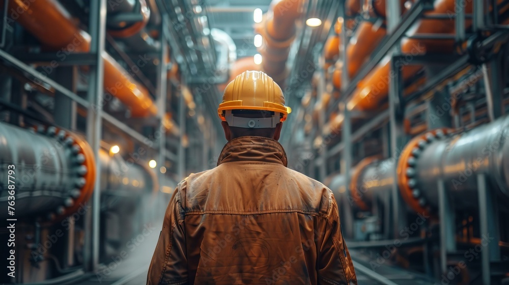 Industrial helm, engineer with hardhat facing the pipe racks