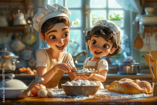 Joyous 3D image of mother and child baking together, sweet moments