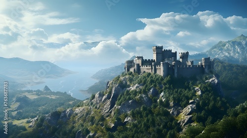 A medieval stronghold perched atop a craggy peak, its ancient walls and towers standing proud against the backdrop of a clear blue sky, offering a glimpse into a bygone era of chivalry and valor. © Graphica Galore