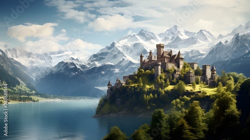 A picturesque castle nestled amidst the rolling hills and snow-capped peaks of the Swiss Alps, its timeless beauty standing as a testament to the ingenuity and craftsmanship of ions past.