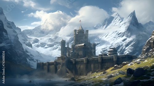 A remote mountain citadel standing sentinel against the backdrop of the majestic Alps, its weathered stone walls and imposing towers a testament to the indomitable spirit of its inhabitants, who have  photo