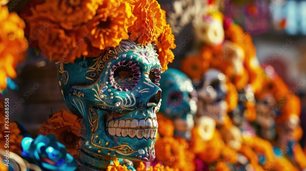 Colorful Day of Dead sugar skulls at traditional Mexican market. Vibrant celebration of Dia de los Muertos with handcrafted decorations. Cultural heritage and artistic expression.