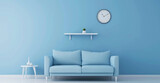 Minimalist blue living room with sofa, shelf and wall clock