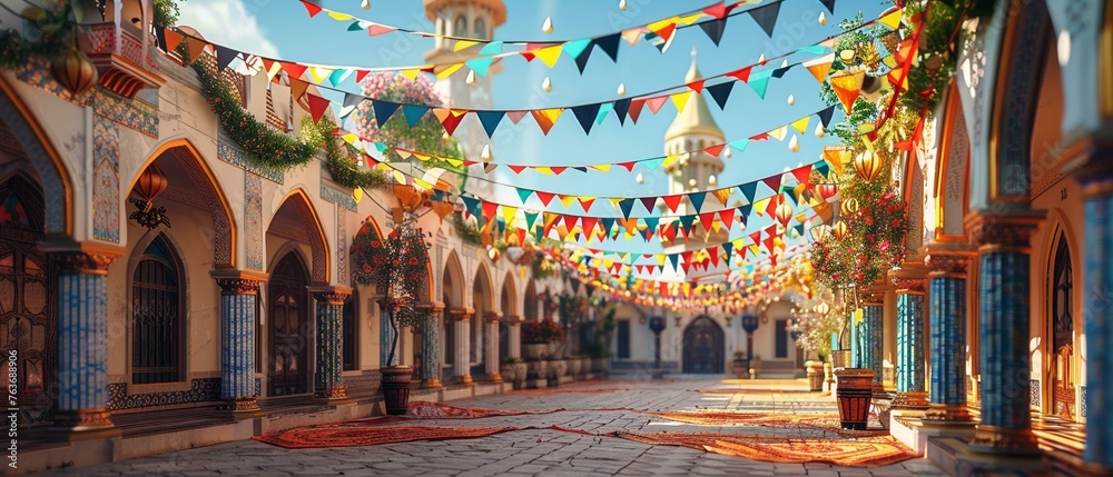 Obraz premium Eid al-Adha 3D card, mosque with celebratory flags